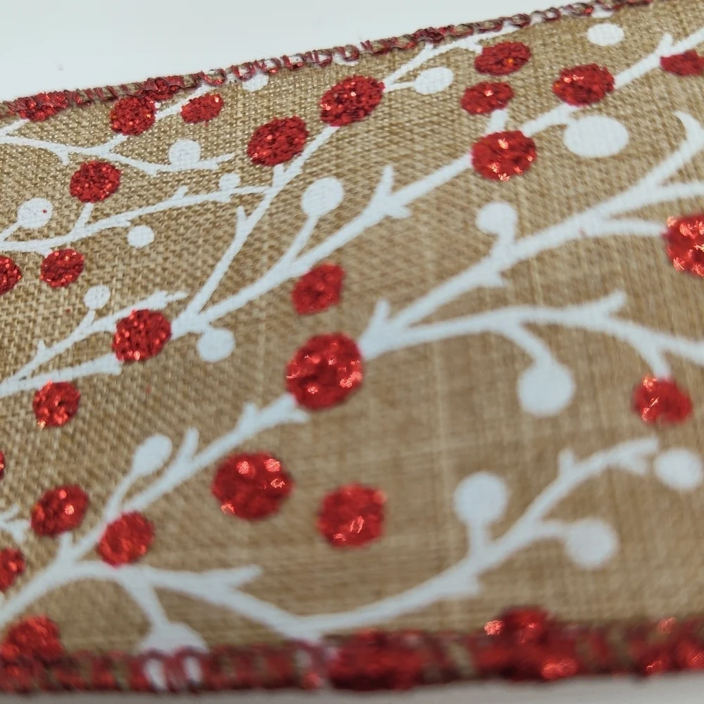 RENAISSANCE 2000 Wired Burlap Ribbon 2.5” Red Glitter Berry Two (2) Yards